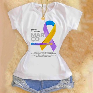 Blusa T-shirt Camiseta Básica - Março Lilas E Amarelo em Oferta na Shopee