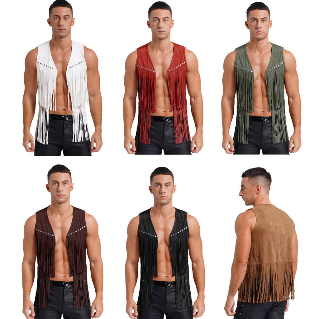 Aislor Men Faux Suede Tassel Vest Fashion Rivets Fringe Waistcoat Open Front Sleeveless Jacket Western Cowboy Vest Aislor Men Faux Suede Tassel Vest Fashion Rivets Fringe Waistcoat Open Front Sleeveless Jacket Western Cowboy Vest