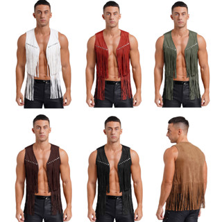 Aislor Men Faux Suede Tassel Vest Fashion Rivets Fringe Waistcoat Open Front Sleeveless Jacket Western Cowboy Vest em Oferta na Shopee