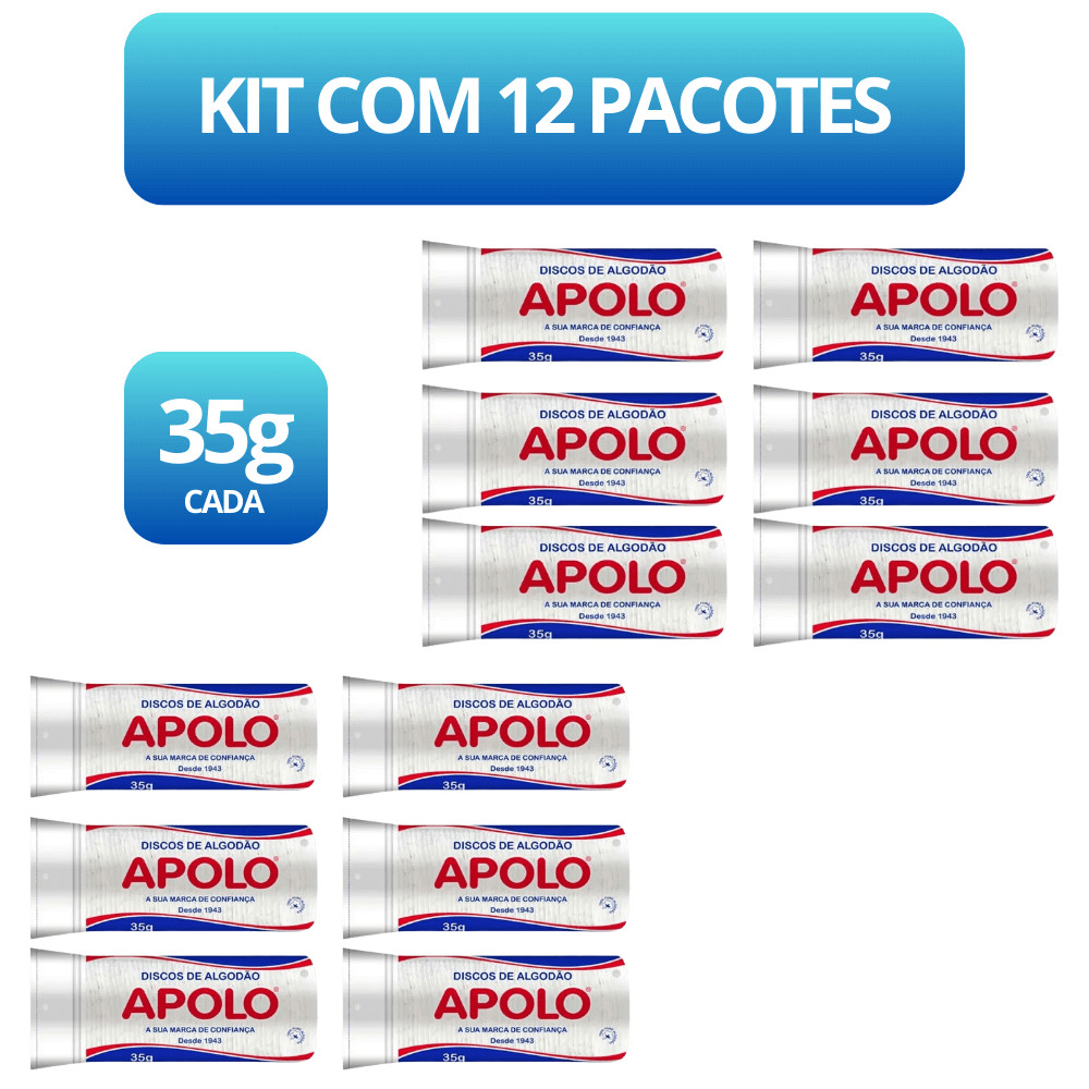 Kit 12 Algodão Disco Apolo 35g Ideal Limpeza de Pele e Cuidado Facial Maciez 100% Puro