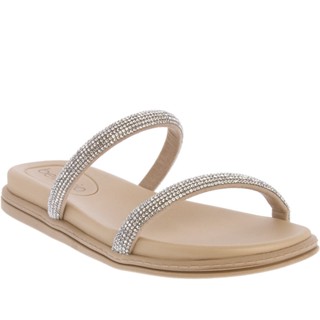 Rasteira Beira Rio Flat Tiras Strass Bege
