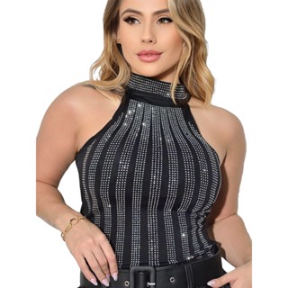 Body Feminino Regata Cavado Gola Alta Brilho Pedraria Festa