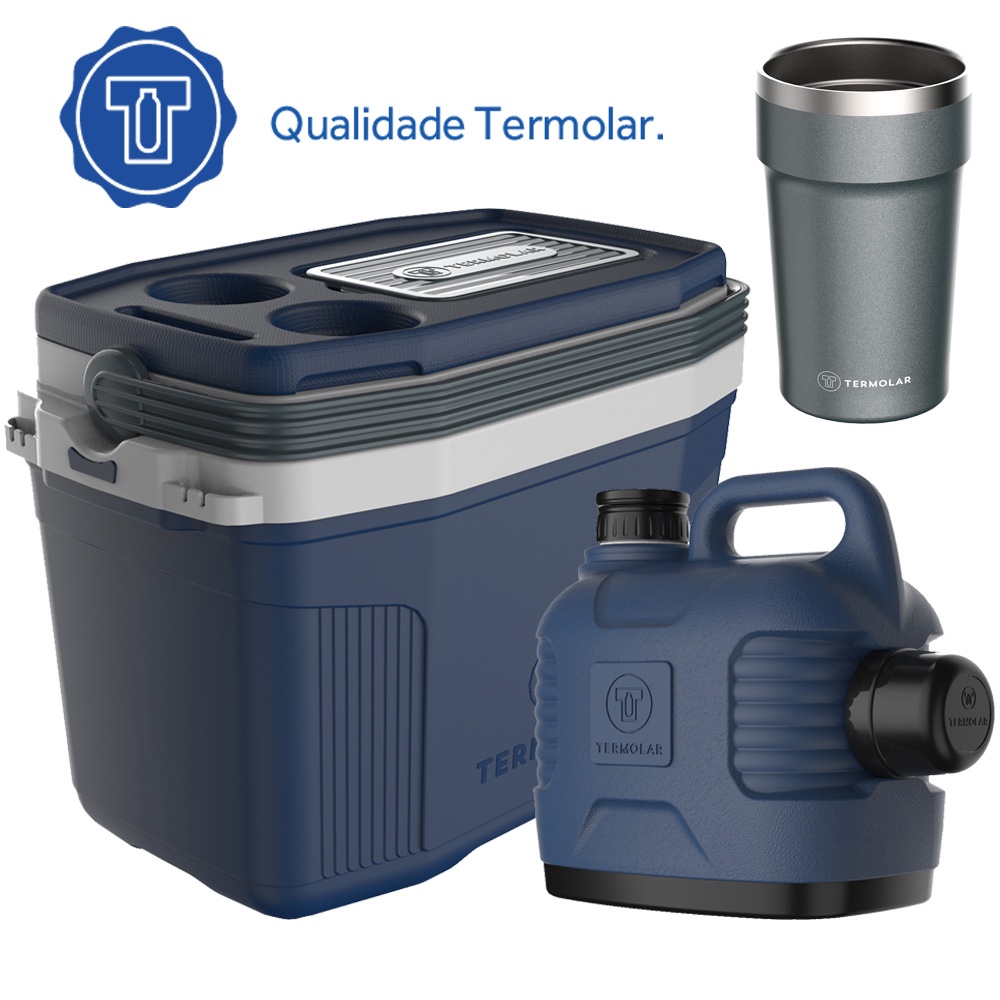 Caixa Térmica Cooler Azul 20L + Garrafão 5L + Copo Térmico Chumbo 500ml Praia