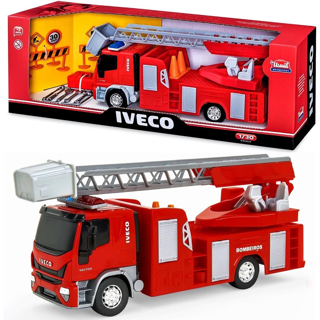 Iveco Tector Caminhao De Bombeiro Com Acessorios E Escada Miniatura Carrinho De Resgate Carreta Grande - Usual Brinquedos