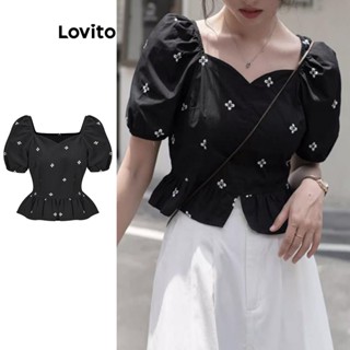 Lovito Casual Ditsy Floral Blusa Feminina de Gola Quadrada com Babado e Manga Bufante L62ED014 (Preta)