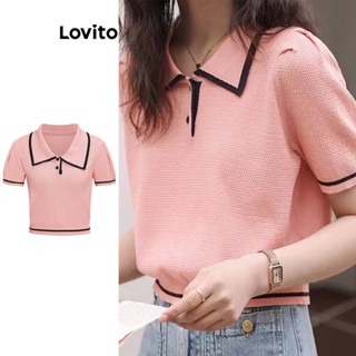 Lovito Casual Blusa Feminina Lisa de Tricô com Costura Contrastante L67AD166 (Branca/Rosa)
