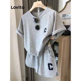 Lovito Conjunto de Shorts com Bordados de Letras e Amarração para Mulheres LNA09235 (Cinza)