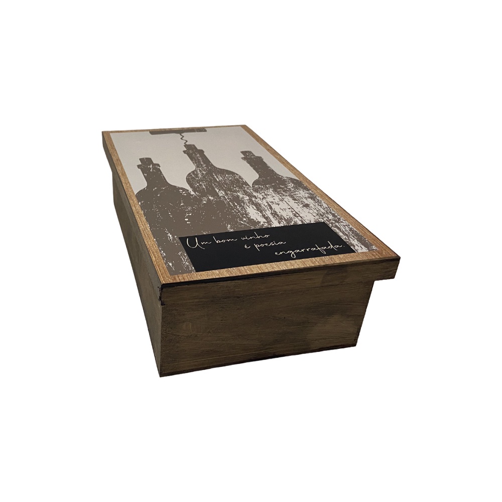 Caixa para Vinho Tampa de Sapato 1 Div 28x16x8 Um Bom Vinho Mdf Madeira Pintado Adesivado
