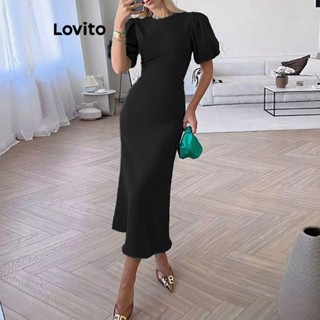 Lovito Casual Vestido Feminino Liso Alinhado com Manga Bufante e Zíper LNE27185 (Azul-petróleo/Preto)
