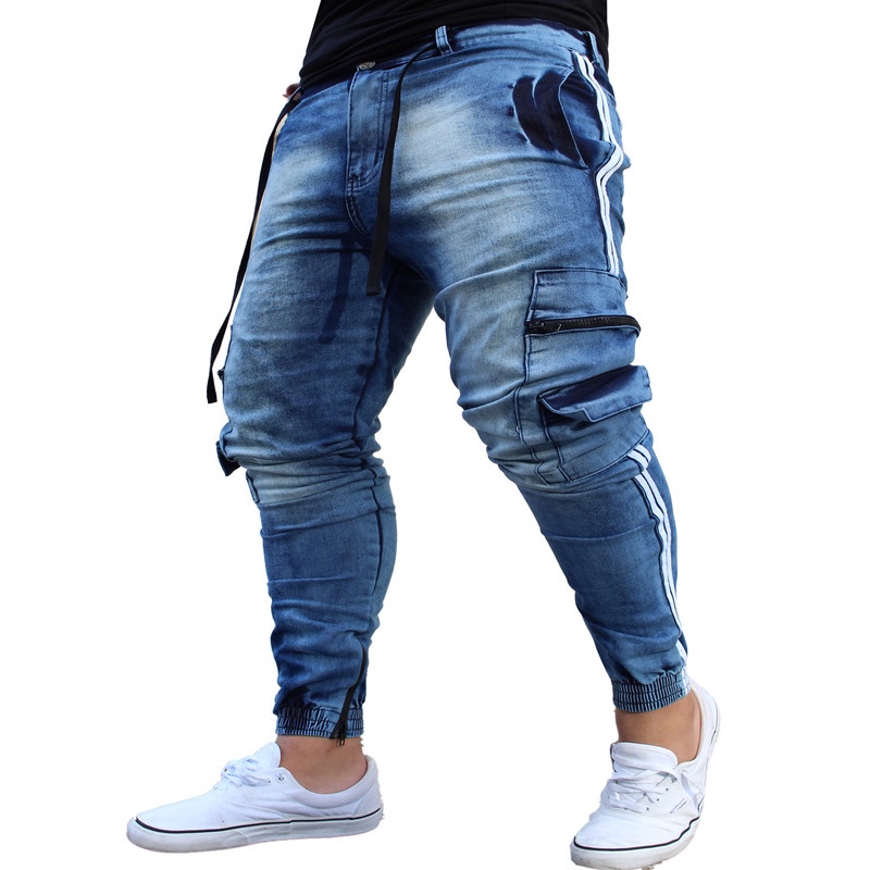 Calça Jogger Masculina JEANS AZUL Cargo Linha Lateral PLUS SIZE
