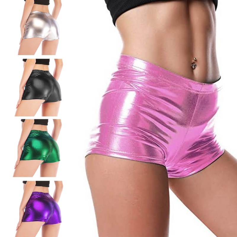 XI Moda Feminina Glitter Couro Falso Shorts Dança Mini Metálico Calça Quente