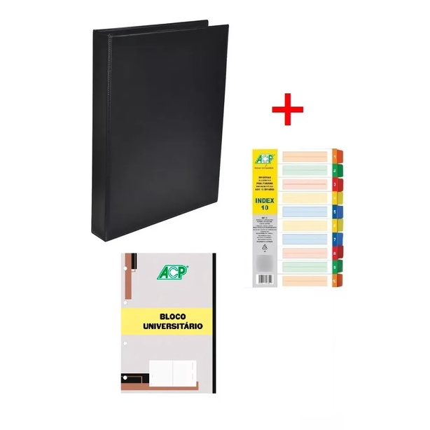 Fichário 4 Argolas Preto 250x335x40mm c Divisória Plástica C/10 c Bloco 96 Folhas em Oferta na Shopee