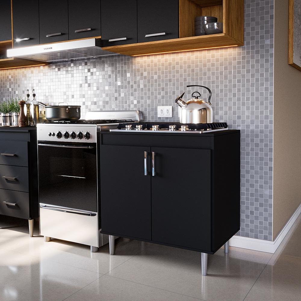 Balcão Armário Área Goumet Sala de Jantar Cozinha Pequena Cooktop 0,80m 5 Bocas 2 Portas Turim Preto