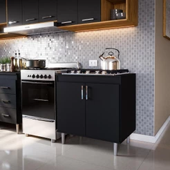 Balcão Armário Área Goumet Sala de Jantar Cozinha Pequena Cooktop 0,80m 5 Bocas 2 Portas Turim Preto