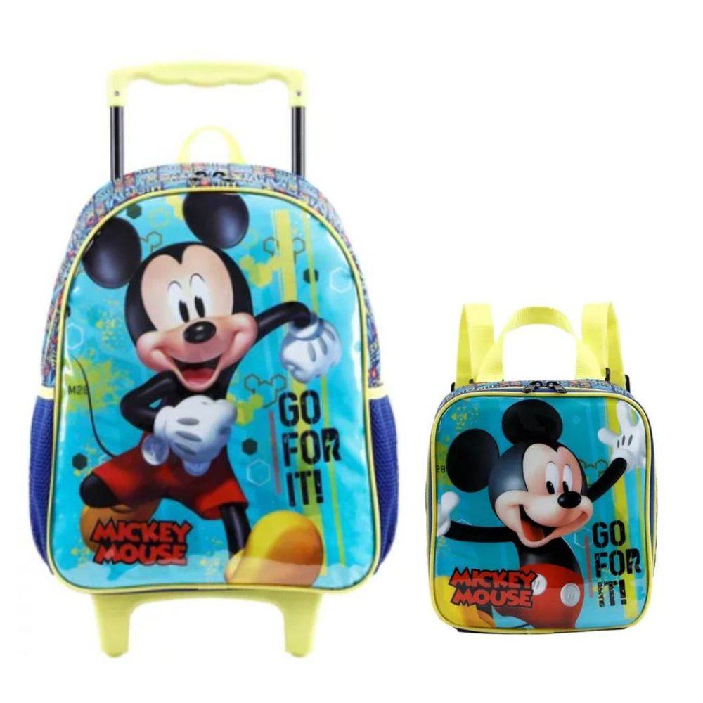 Kit Mochila Escolar de Rodas carrinho Mickey + Lancheira