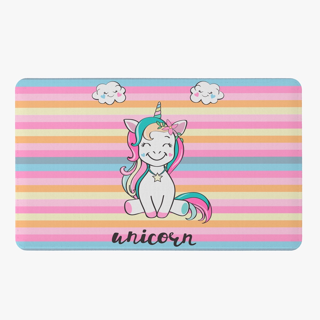 Tapete Para Quarto Infantil Estampado Unicórnio Listrado 60cm x 40cm - Base Antiderrapante Decoração Juvenil Menina Feminino Estampa Listras Unicorn Colorido