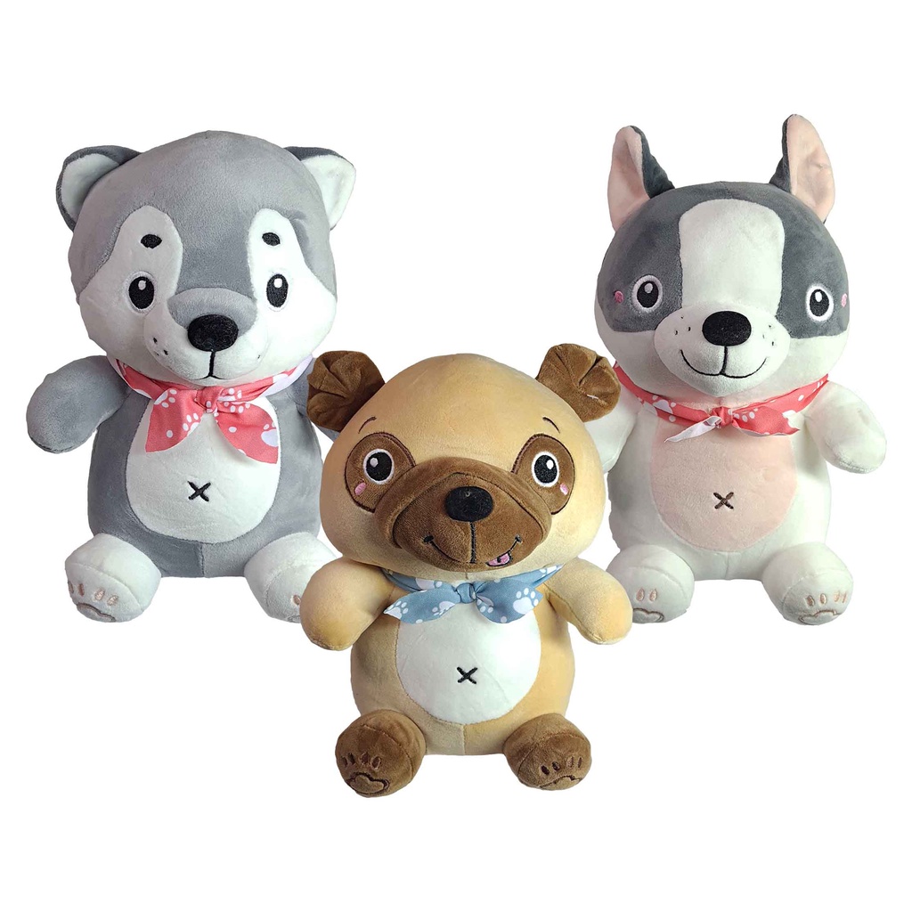 Kit 3 Cachorro De Pelúcia Sentado Detalhes Bordado Decoração Brinquedo 29Cms