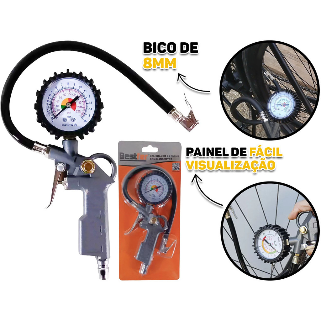 Kit Calibrador Manual P/ Pneus Com Manômetro Analógico Aço Carbono C/ Tubos De Plástico em Oferta na Shopee