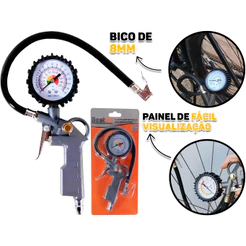 Kit Calibrador Manual P/ Pneus Com Manômetro Analógico Aço Carbono C/ Tubos De Plástico