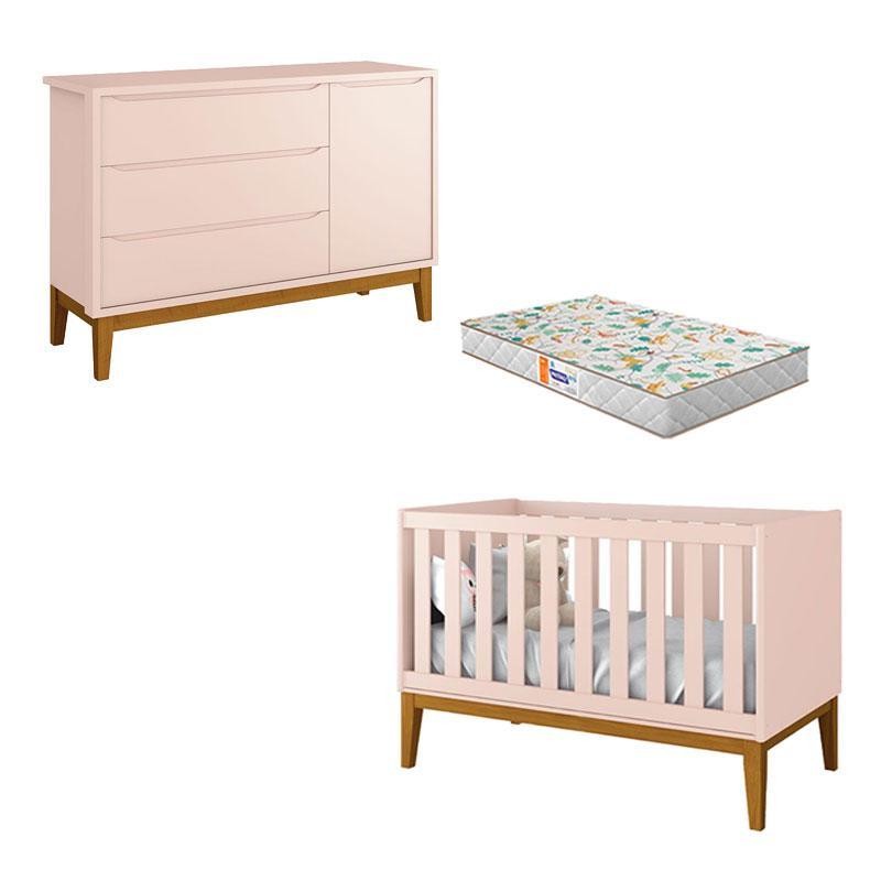 Berço Americano e Cômoda New Classic Rosa com Pés Madeira e Colchão Gazin – Reller