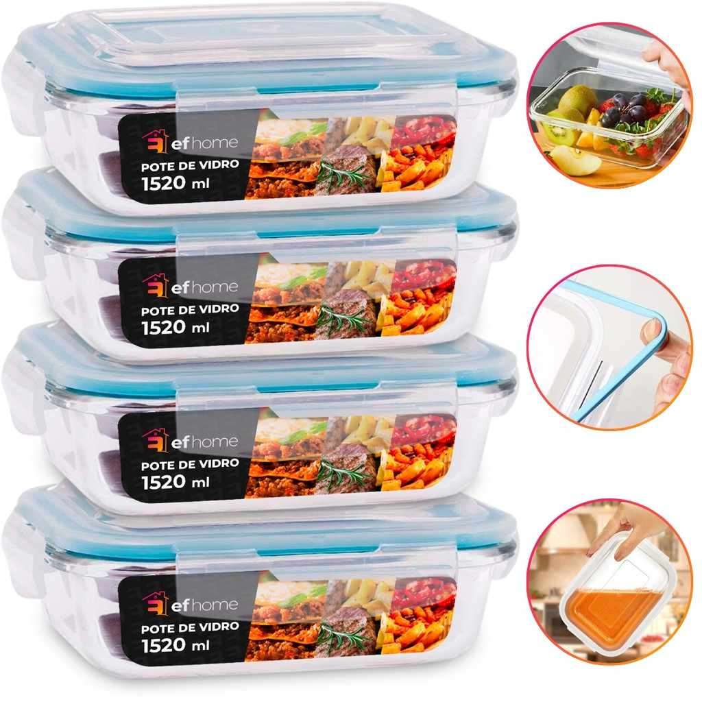 Kit 4 Potes 1520ml De Vidro Com Tampa Hermética e Travas Vai ao Forno/Freezer — imagem 2 de 2