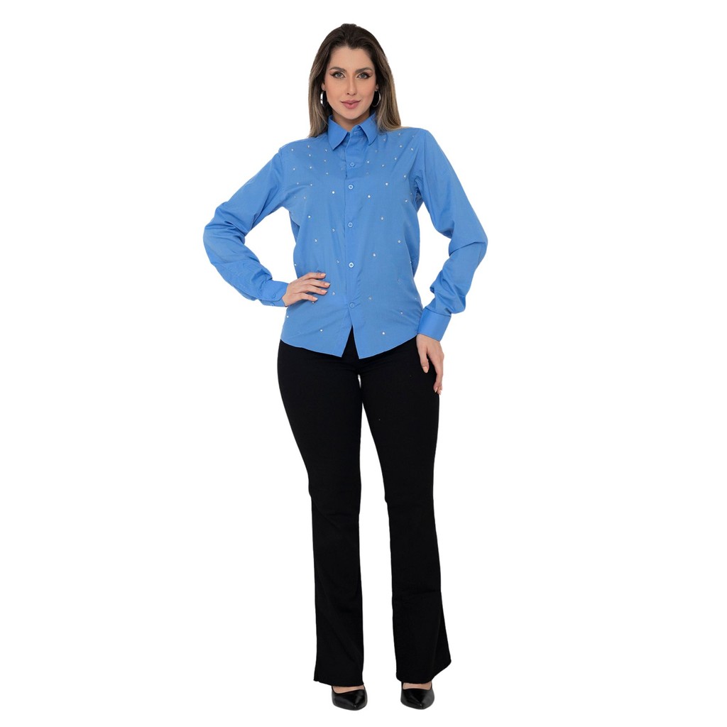 KIT Feminino 2 Peças - Camisa Social Azul Escuro Manga Longa com Strass e Calça Flare Jeans Preto Levanta Bumbum