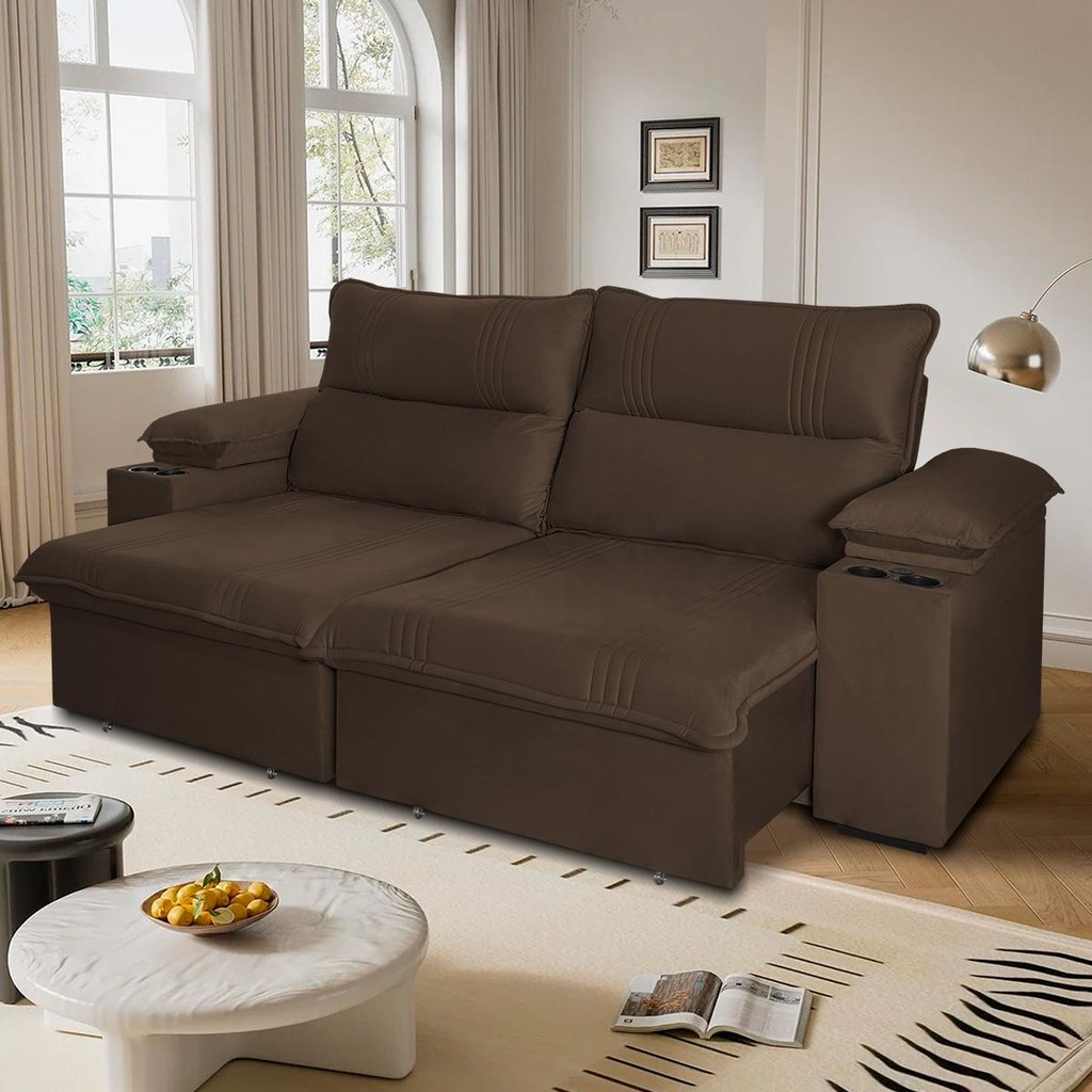 Sofá Retrátil Tesla 2,40m USB e Porta Copo Suede Marrom em Oferta na Shopee