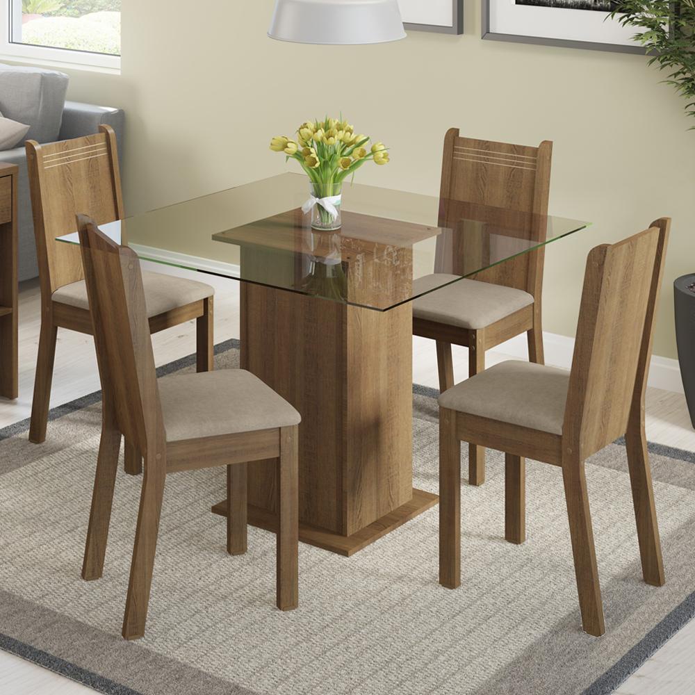 Conjunto Sala de Jantar Madesa Magda Mesa Tampo de Vidro com 4 Cadeiras - Rustic/Pérola