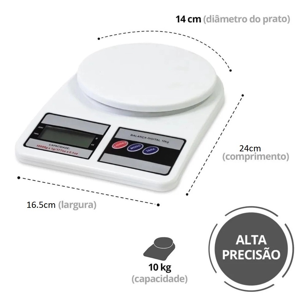 Imagem Balança Digital De Precisão Até 10kg Nutrição 24cmx16,5cm Cozinha Até 10kg Nutrição E Dieta Portatil Utensílio