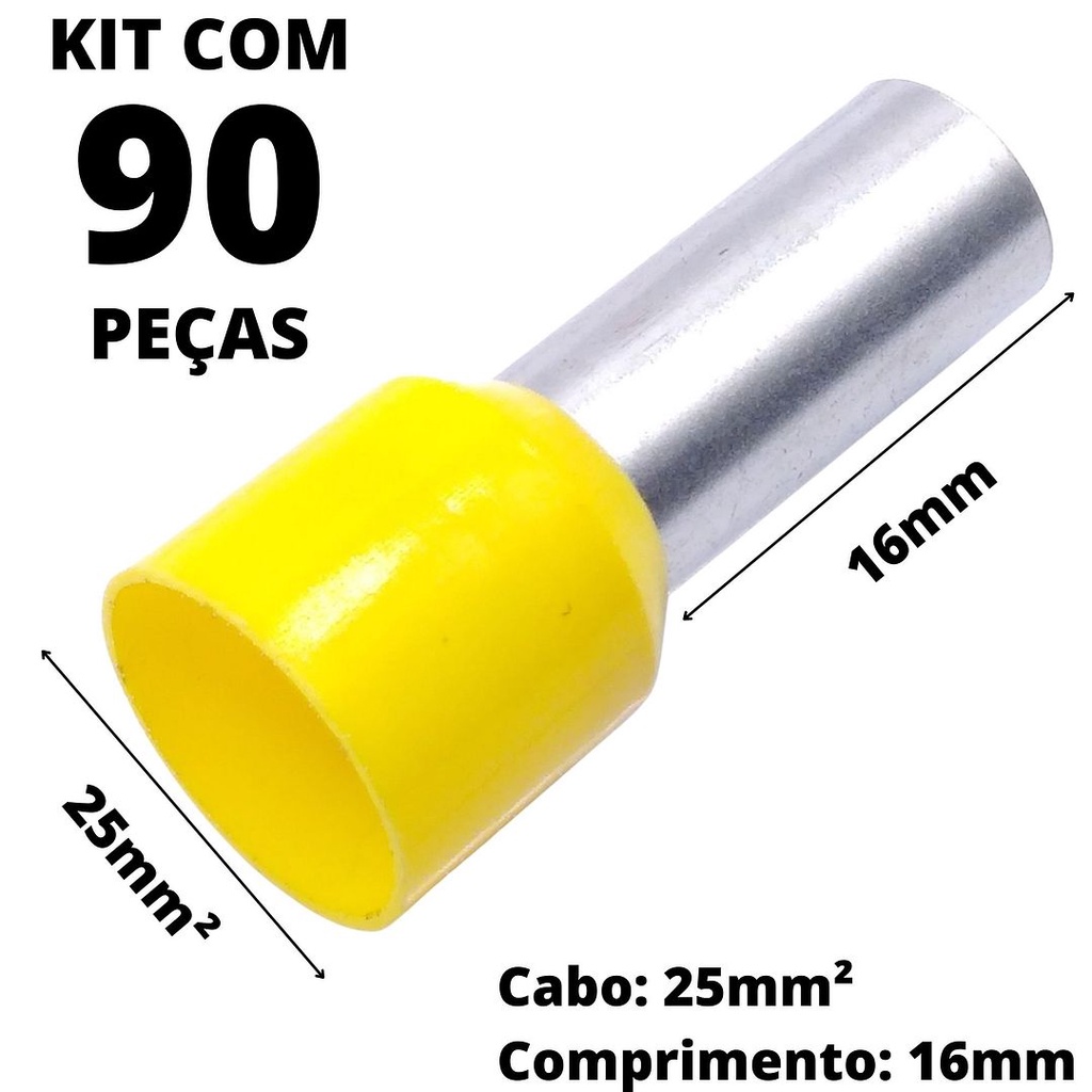 90un Terminal Tubular Ilhós Pré-isolado Simples Para Cabo de 25mm² Metal 16mm Amarelo E25-16