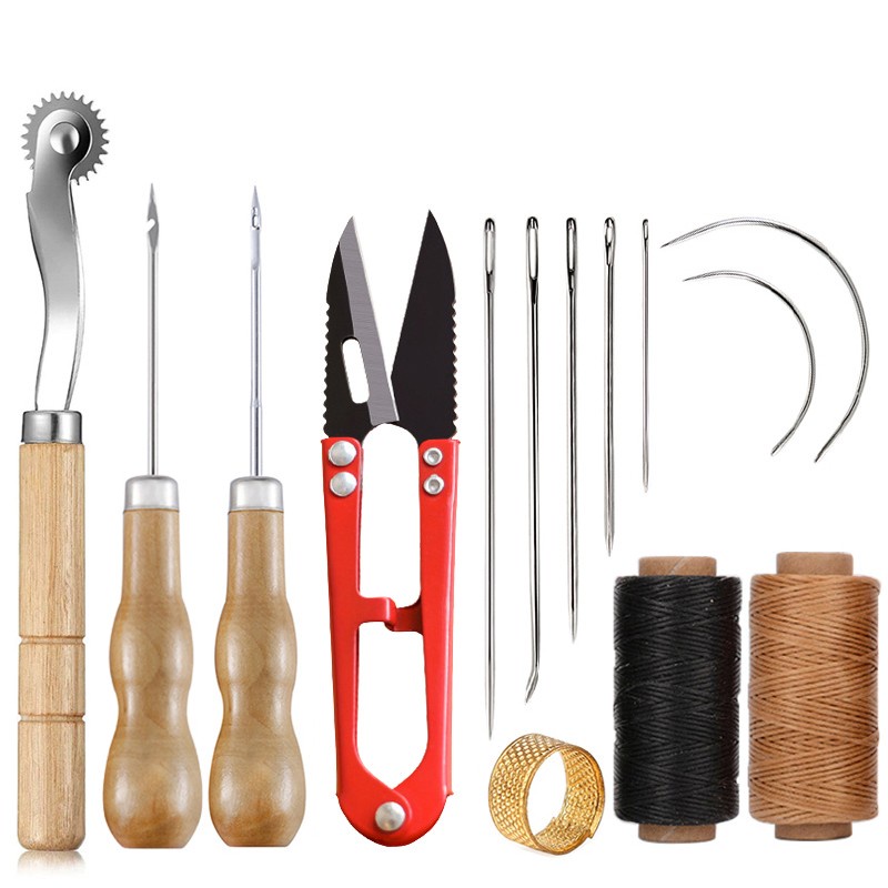 Conjunto De Costura Em Couro Saco De Mão Kit De Reparo Feito À Com Fio De Cera Coruja Tesoura Agulhas Total 14 Pcs