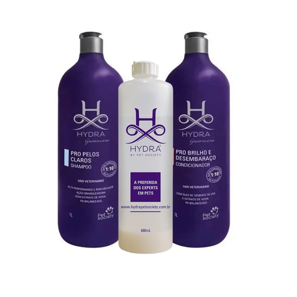 Kit Produtos Pet Hydra Groomers Shampoo Pelos Claros + Condicionador Brilho e Desembaraço + Frasco Diluidor