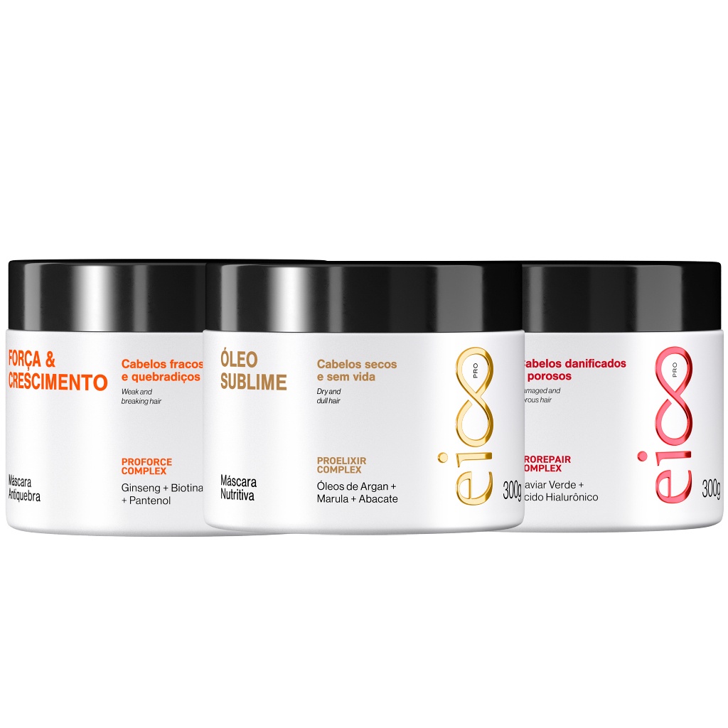 Kit 3 Máscaras Cronograma Eico Pro Hidratação Nutrição Óleo Sublime Reconstrução Tratamento Obrigatório Força e Crescimento 300g - Beauty