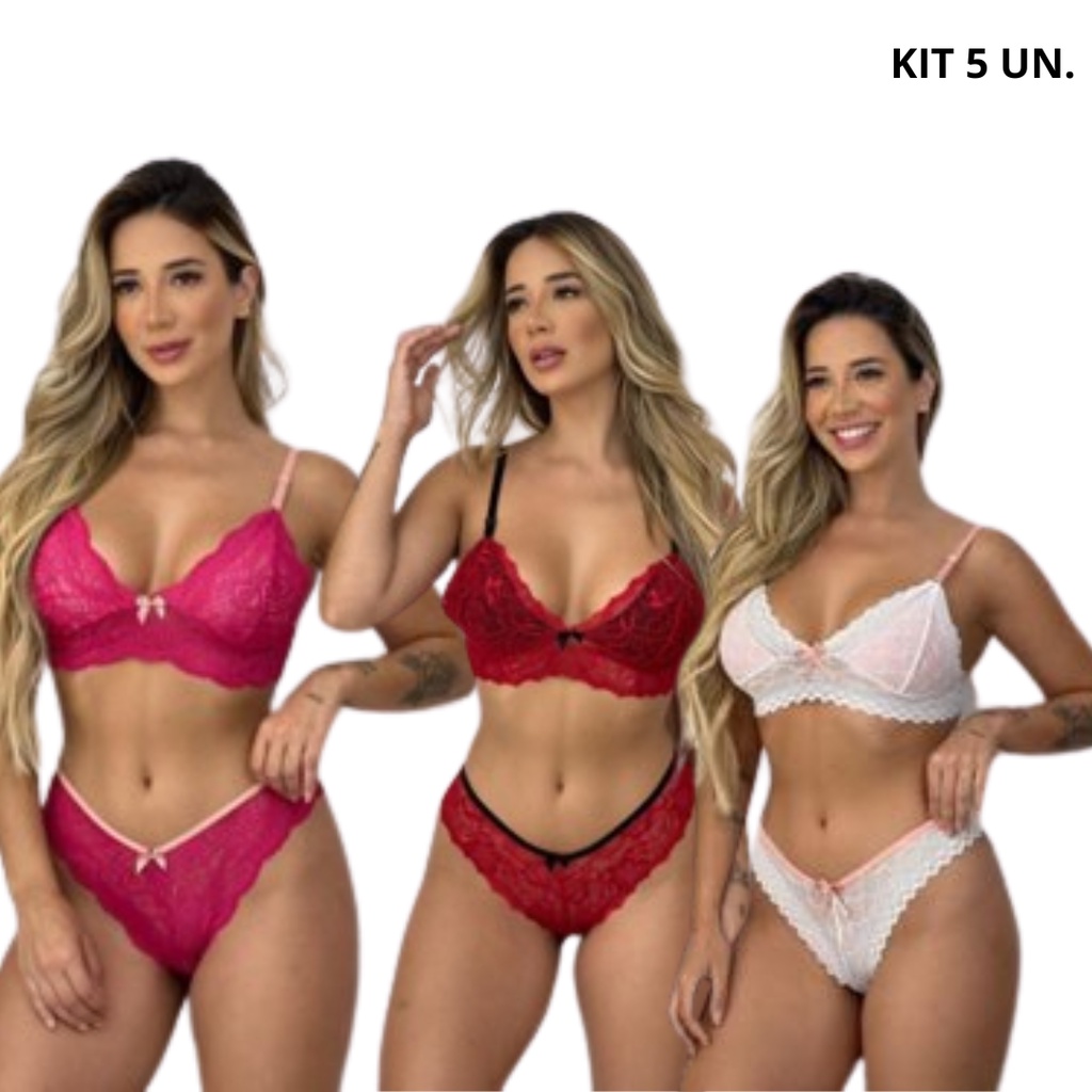 KIT 5 Conjuntos Feminino Lingerie Renda Luxo Calcinha E Sutiã Sem Bojo Atacado