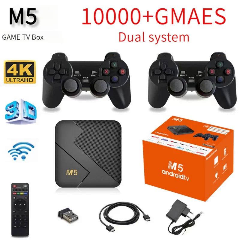 M5 Game Game Video Game Console Android TV Box 64GB 10000 Game 4K 3D WIFi 4G Dual System Console Sem Fio Iptv N64 Smart Game Box J2FG