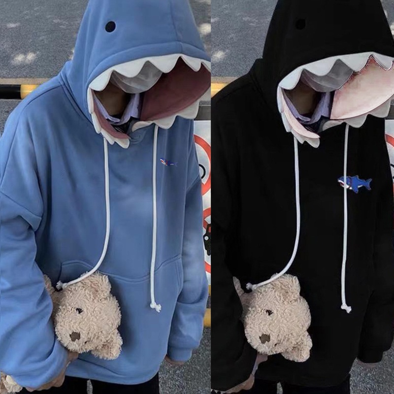 Homens e mulheres, Harajuku Engraçado Tubarão Dentes Moletom Com Capuz Manga Longa Lanyard Oversized, Loose Pocket Pullover LDV7