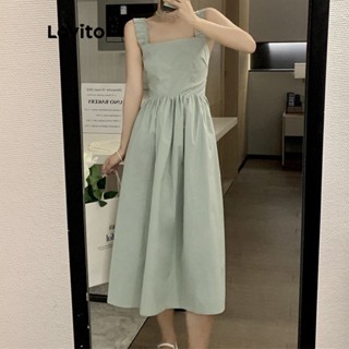 Lovito Vestido Midi sem Mangas com Detalhes Franzidos para Mulheres LNE09229 (Verde)