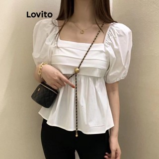 Lovito Casual Blusa Plissada Lisa para Mulheres LNE20086 (Branco)