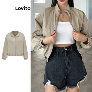 Lovito Casual Jaqueta Feminina Lisa com Zíper e Cordão L67AD159 (Verde Claro)