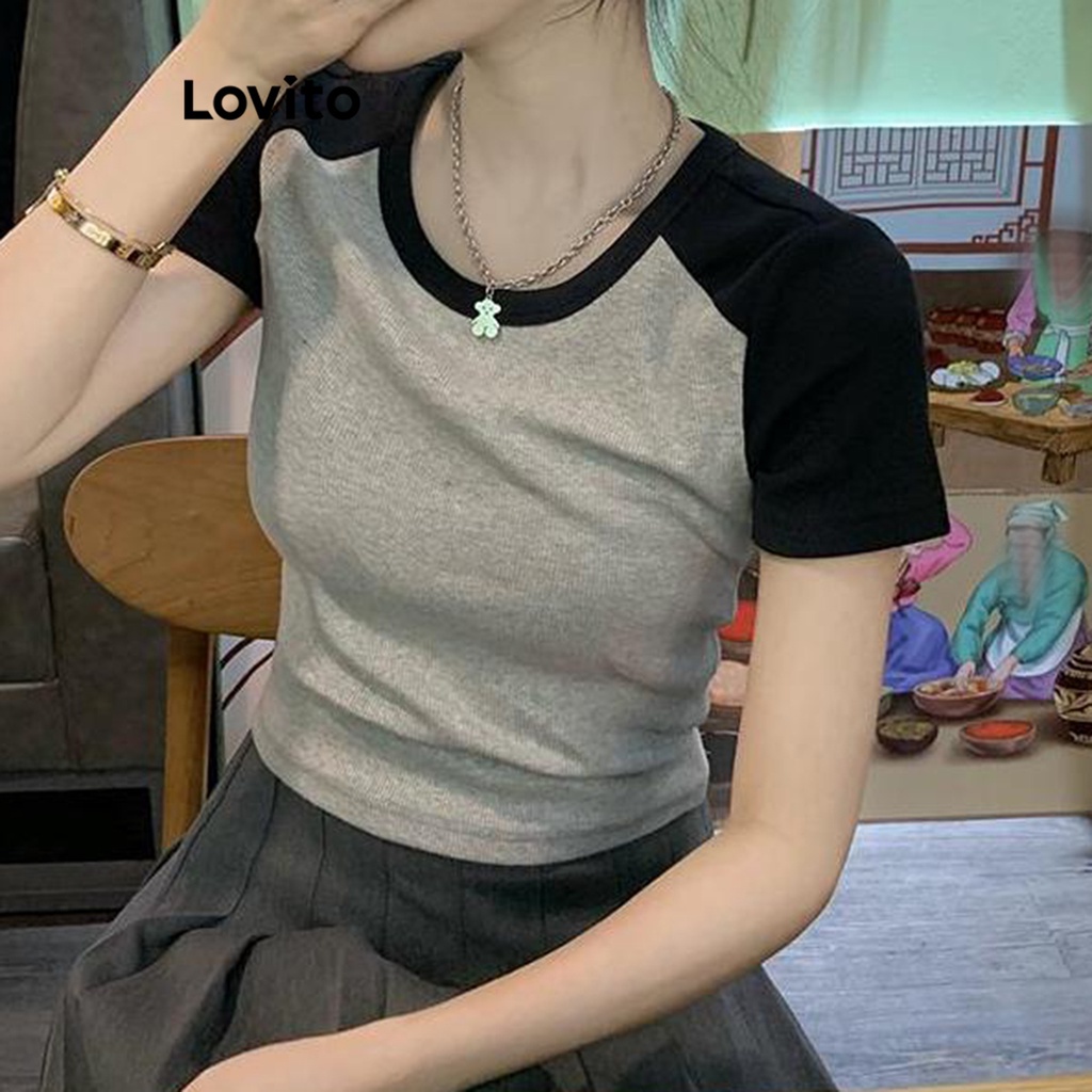 Lovito Casual Camiseta Feminina de Patchwork Colorblock LNA25065 (Azul Marinho/Preto) - Women Clothes