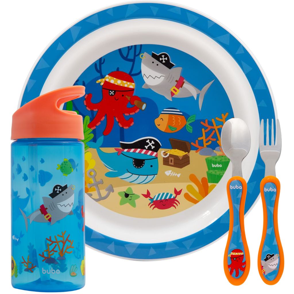 Kit Prato Colher Garfo E Garrafa Aventuras Pirata Buba em Oferta na Shopee
