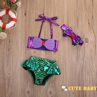 Eph-Kids Baby Girls 3pcs Conjunto De Biquíni Sereia Com Fita De Banho Bow Headband Swimsuit