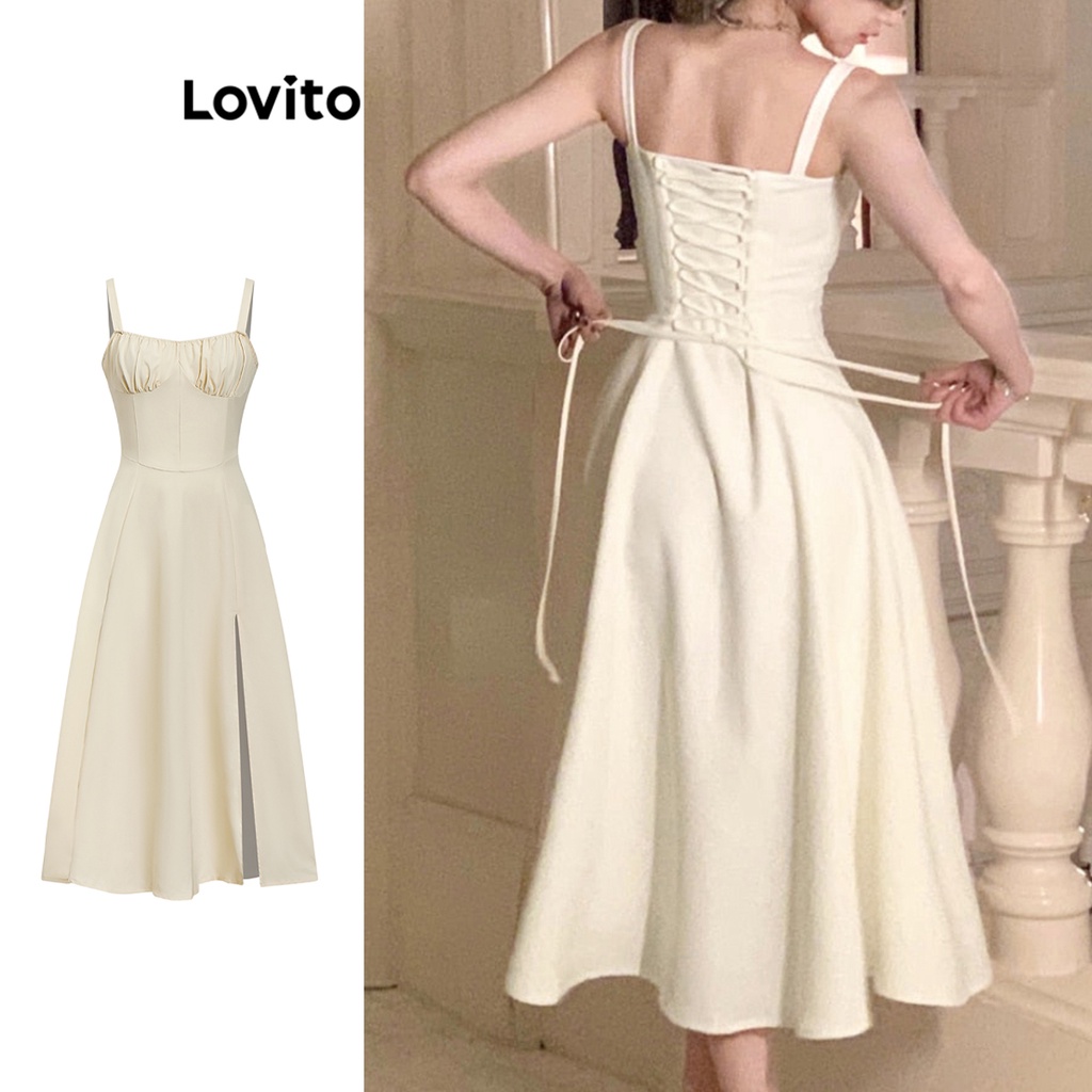 Lovito Elegante Vestido Feminino Liso com Laço Frontal e Traseiro L74ED185