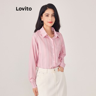Lovito Elegante Blusa Feminina Listrada Básica com Botão LNE29311 (Rosa Claro)