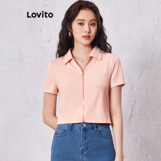 Lovito Casual Camiseta Feminina Lisa Bordada com Zíper LNE16045 (Rosa)