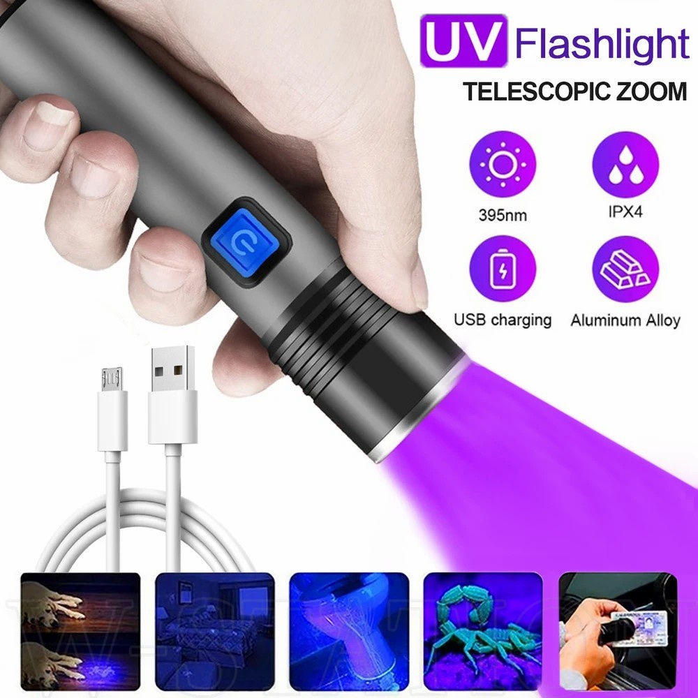 395/365nm 3 Modos Lanterna UV Com Zoom/Portátil De Pequena Liga Ultravioleta/Luz Preta Recarregável USB LED/Detector De Escorpião De Urina Para Animais Domésticos À Prova D'água