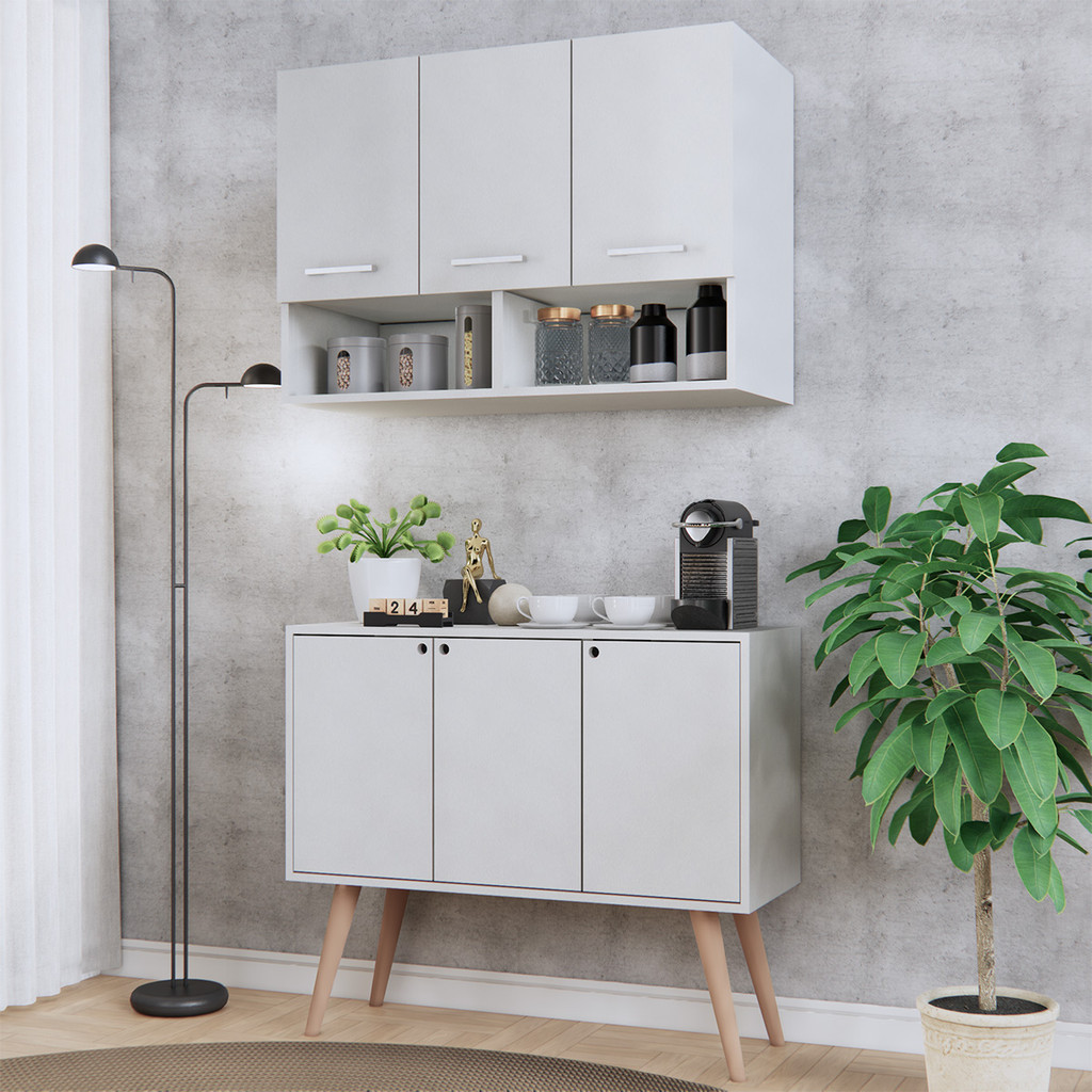 Kit Cozinha Armário 3 Portas + Balcão Multiuso Pés Madeira Organizador Móveis Bonatto