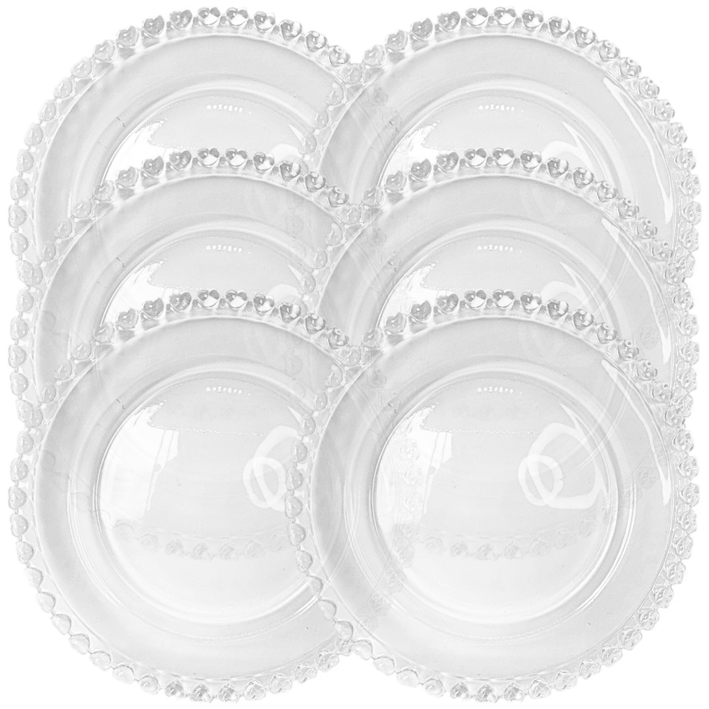 Conjunto Kit 6 Pratos Vidro Para Sobremesa Cristal Borda Coraçãozinhos 19,5cm