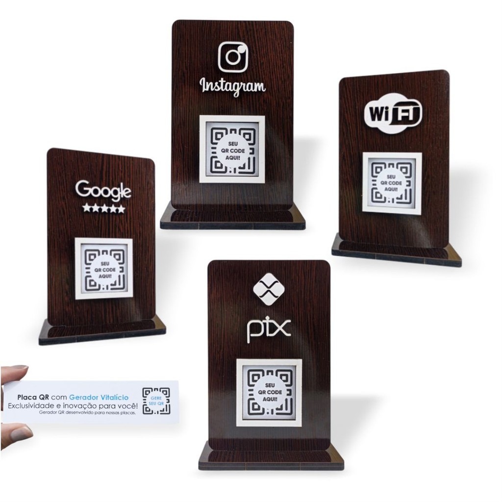 Placa QR display balcão Amadeirada Pix Instagram Google WiFi