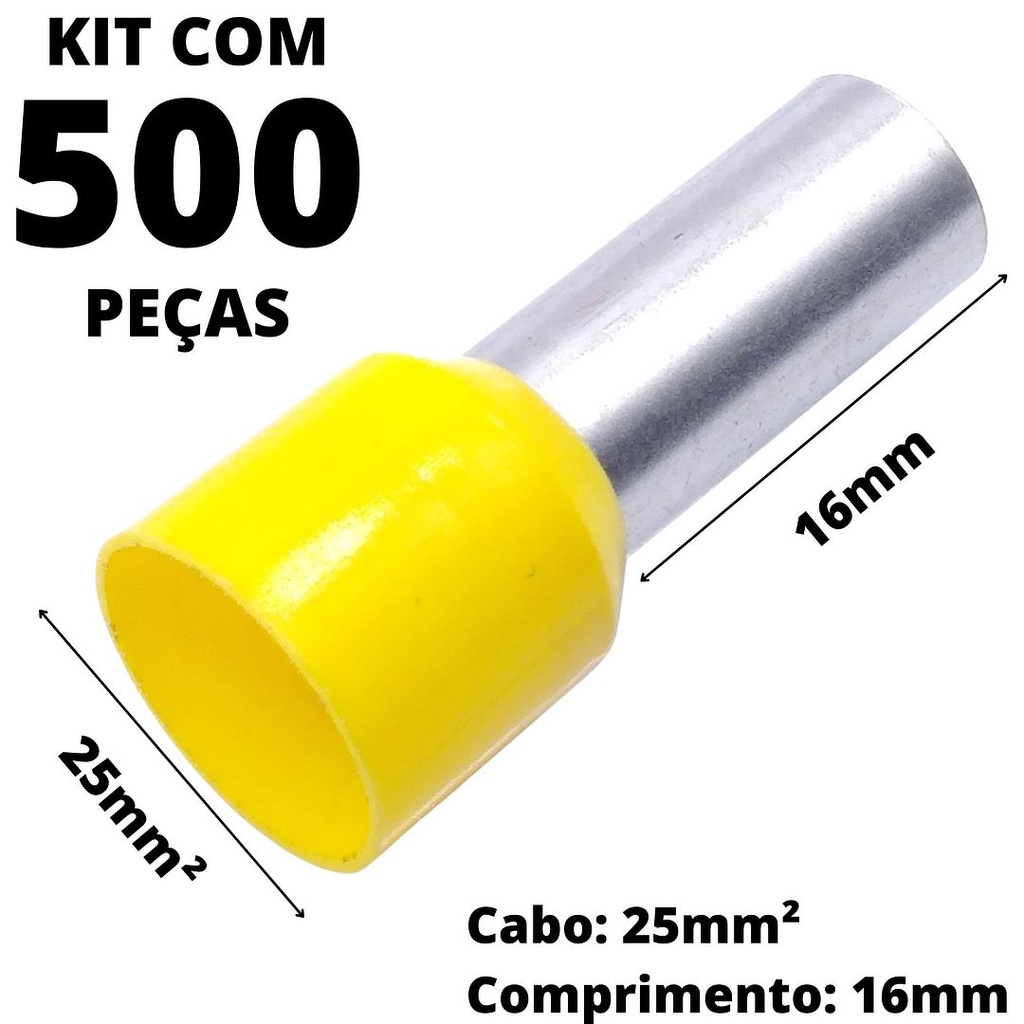 500un Terminal Tubular Ilhós Pré-isolado Simples Para Cabo de 25mm² Metal 16mm Amarelo E25-16